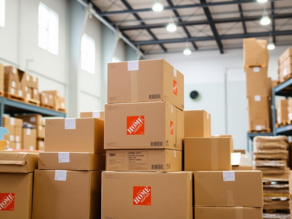 Cajas Home Depot Heavy Duty apiladas listas para envío