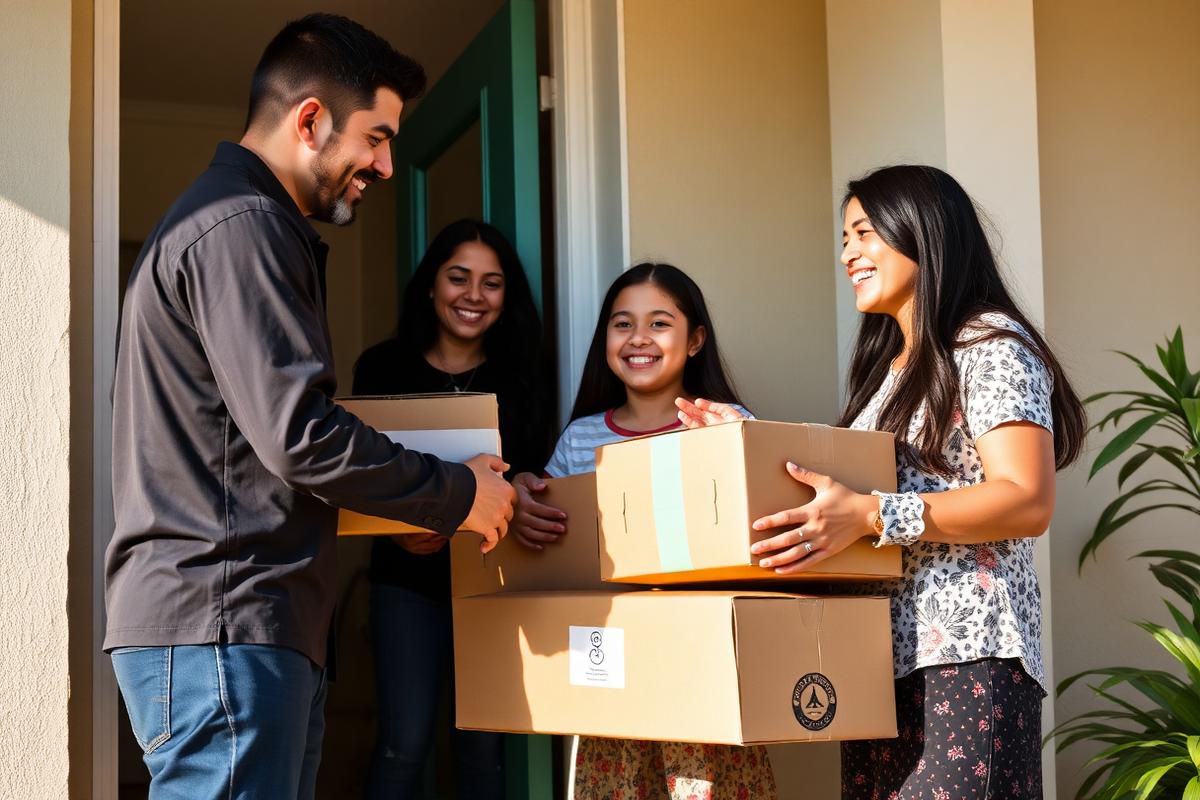Familia venezolana recibiendo paquetes en la puerta de su casa