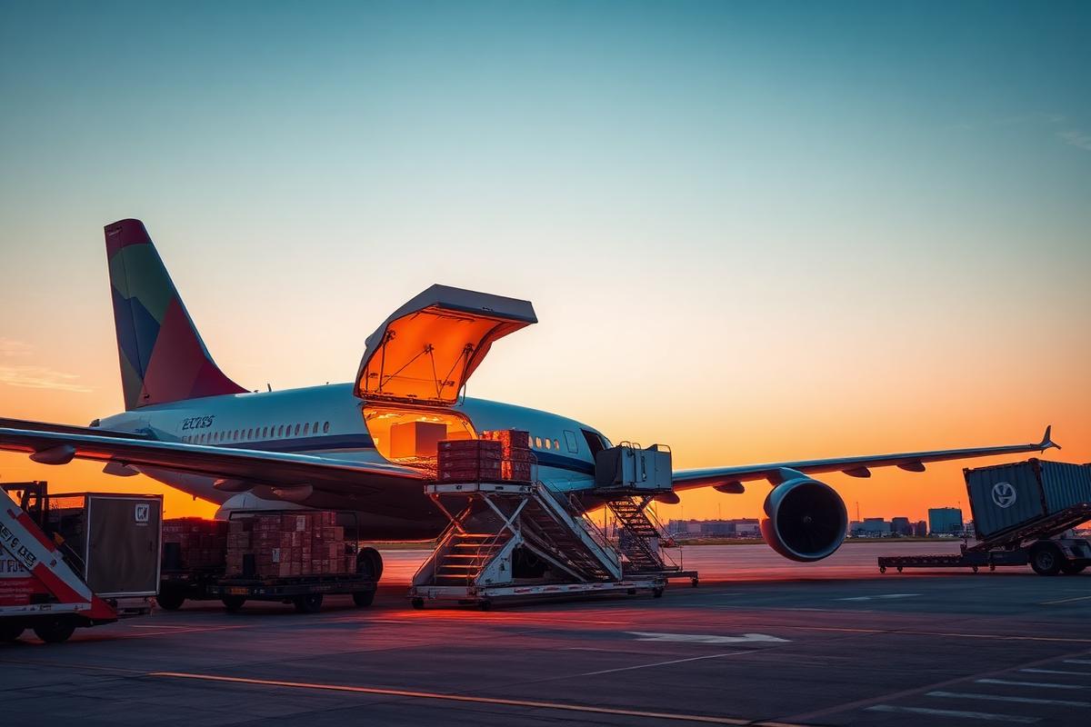 Avión de carga siendo cargado en la pista al atardecer